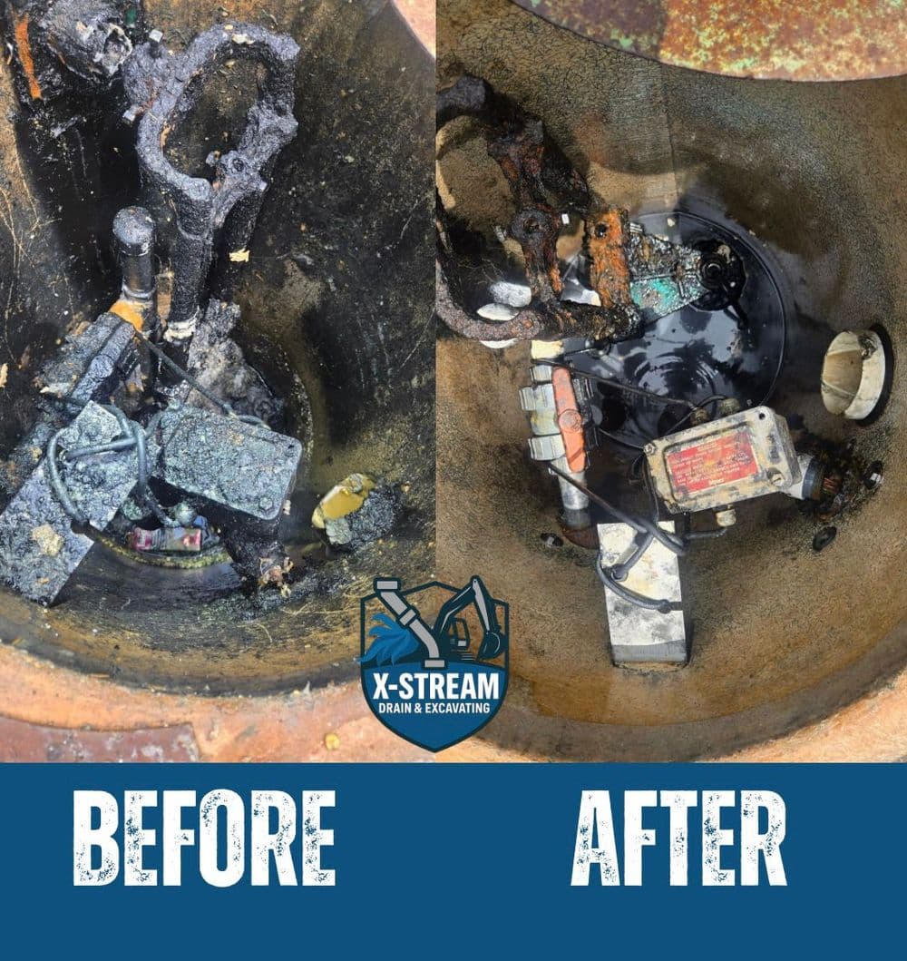 Drain cleaning before and after showing debris removal by X-Stream Drain and Excavating.