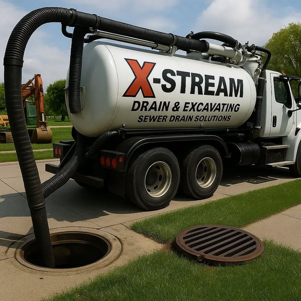 X-Stream Drain & Excavating truck servicing a sewer drain with vacuum hose attached.